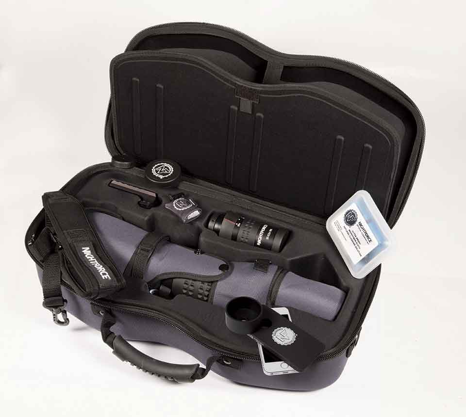 NightForce Kit TS-82 Xtreme Hi-Def Angled with 20-70x eyepiece, Case, Sleeve, Cleaning Kit, Fob Lens
Cloth, Grommet Kit, Carbon Fiber Tripod with Head